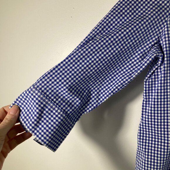 Womens Kim Rogers Gingham Button Shirt Blue White M 1/2 Sleeve Stretch - Picture 5 of 9